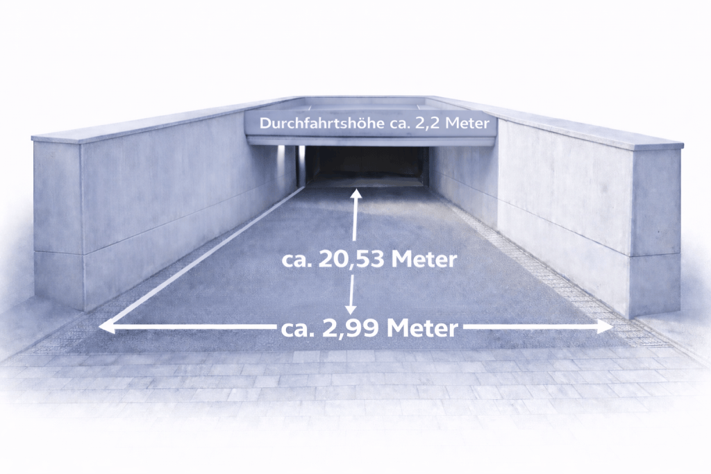 Einfahrt in die Tiefgarage Baabe: ca. 2,99 m breit und 2,20 m hoch