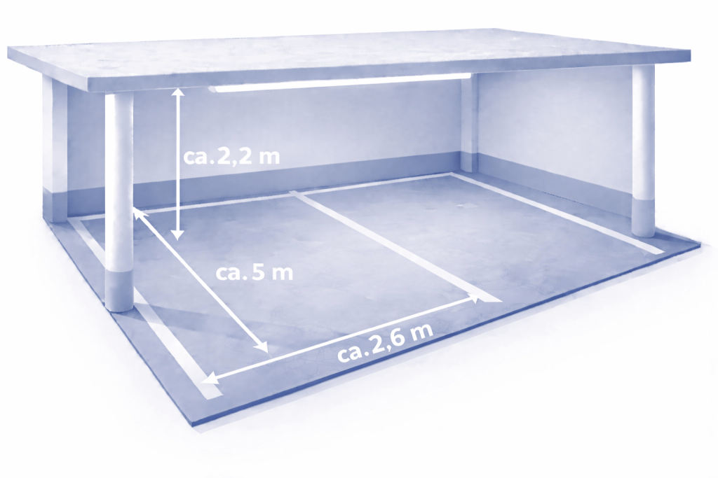 Stellplatz in der Tiefgarage Baabe: ca. 2,60 m breit, 2,20 m hoch und 5,00 m lang